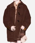 Emma Stone & Louis Vuitton Monogram Cuff Detail Brown Toggle Coat