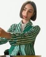 Lily Collins Tv Series Emily in Paris Season 5 Emily Cooper Green Striped Blazer Jacket