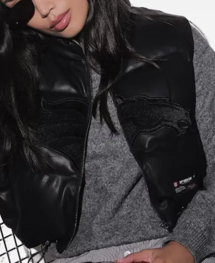 Off Season Denver Broncos Faux Leather Cropped Black Puffer Vest
