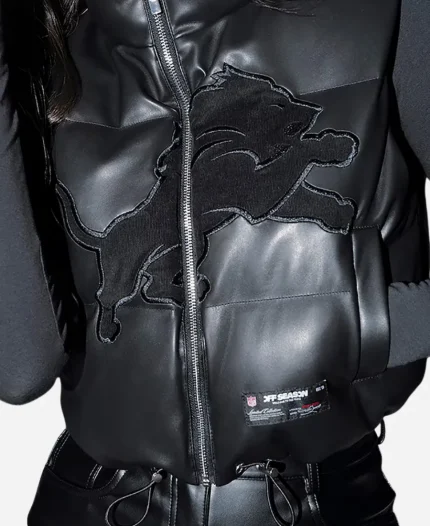 Off Season Detroit Lions Faux Leather Cropped Black Puffer Vest
