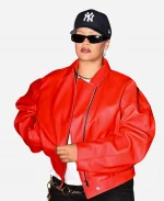 Rihanna 2025 The Grove LA Oversized Red Leather Jacket