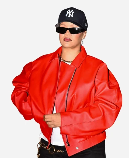 Rihanna 2025 The Grove LA Oversized Red Leather Jacket