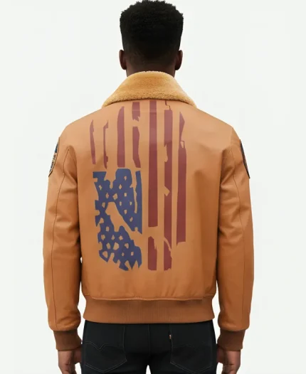 Sherpa And Patches Vintage Brown Leather Bomber Jacket