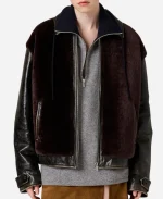 Sydney Sweeney Black Leather And Shearling Blouson Jacket By Miu Miu