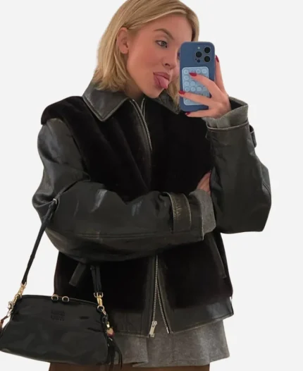 Sydney Sweeney Black Leather & Shearling Blouson jacket