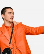 Timothée Chalamet A24’s LA Premiere Marty Supreme Orange Leather Suit