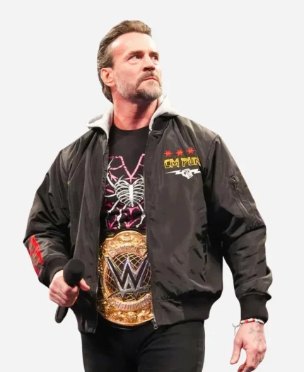 WWE Super Star CM Punk Black Hooded Zipper Bomber Jacket