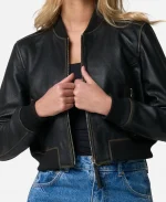 100% Washed Black Cropped Leather Bomber Jacket