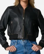 100% Washed Cropped Leather Bomber Jacket - Black