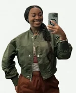 Amina All American S06 Alexis Chikaeze Green Satin Bomber Jacket