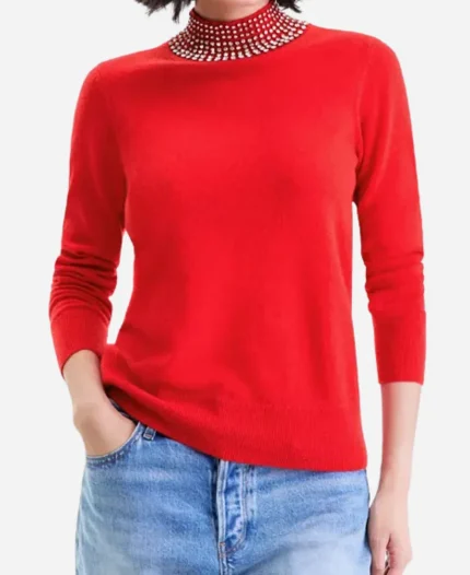 Elsbeth Tascioni Elsbeth S03 Red Mock Neck Embellished Sweatshirt