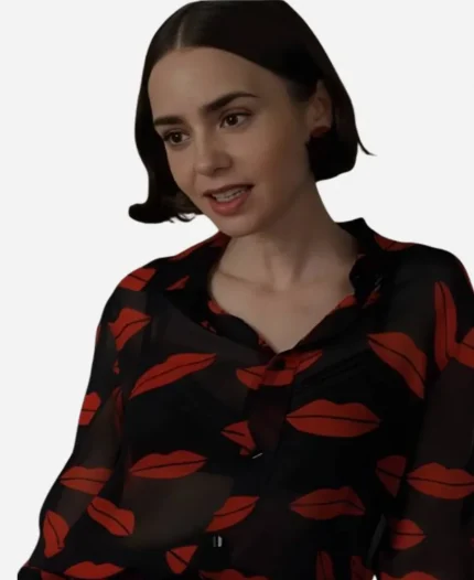 Emily In Paris S05 Lily Collins Lips Printed Blouse