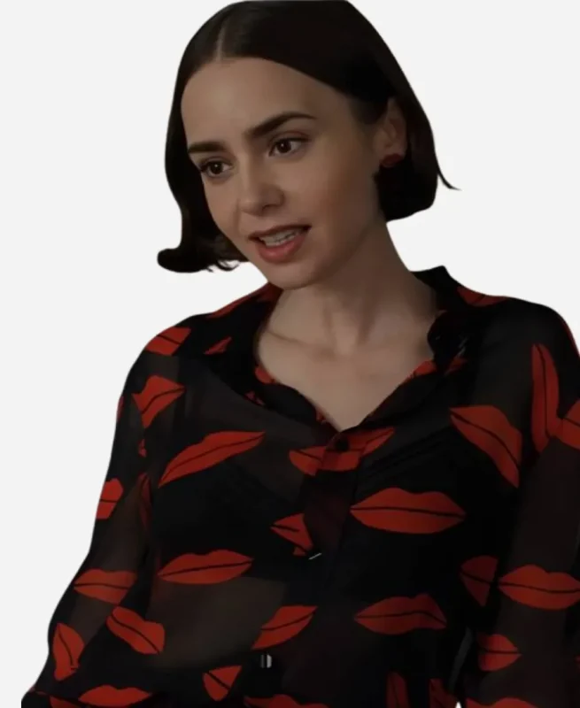Emily In Paris S05 Lily Collins Lips Printed Blouse