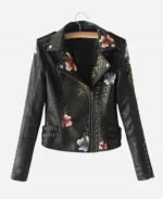 Floral Black Leather Bomber Jacket
