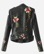 Floral Embroidered Moto Biker Black Leather Bomber Jacket