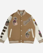 GRAF&WU Brainpower Potted Plant Brown Leather Sleeves Baseball Jacket