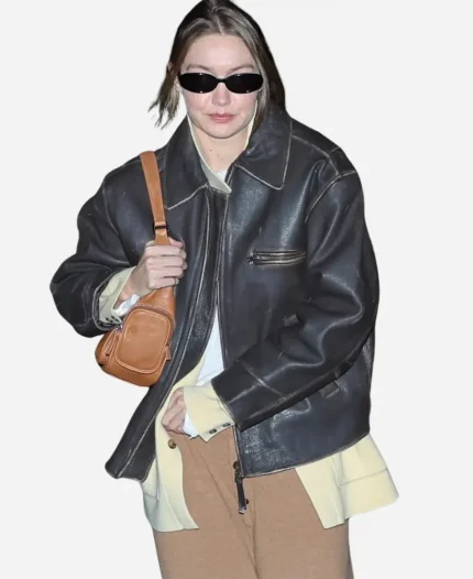 Gigi Hadid New York City 2026 Black Leather Jacket