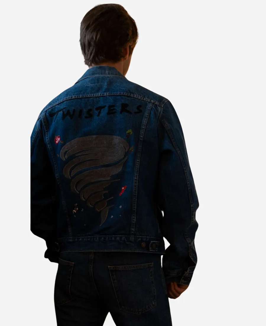 Glen Powell Movie Twisters 2024 Embroidered Denim Trucker Jacket Glen Powell Movie Twisters 2024 Embroidered Denim Trucker Jacket