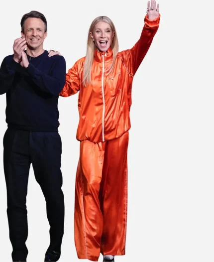 Gwyneth Paltrow Late Night with Seth Meyers 2025 Orange Tracksuit