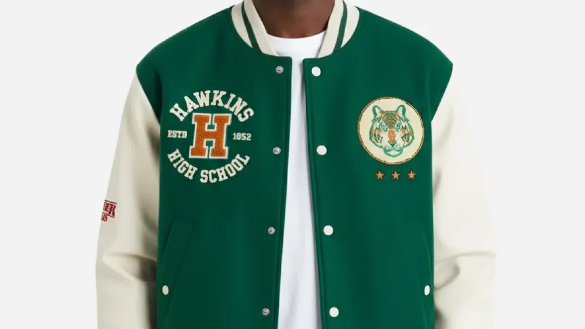 H&M x Stranger Things Hawkins Tigers Green Varsity Jacket
