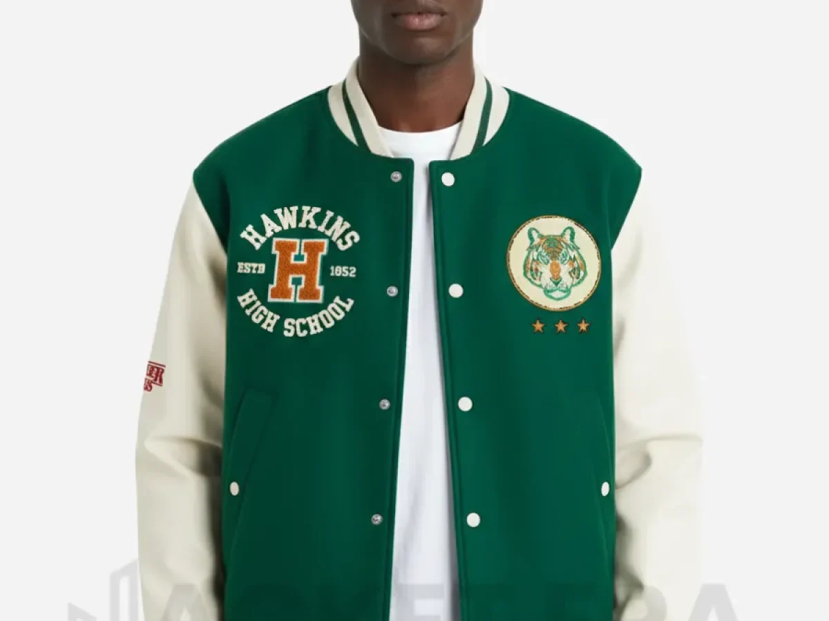 H&M x Stranger Things Hawkins Tigers Green Varsity Jacket