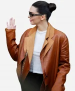 Kendall Jenner Double Paris Fashion Week Street Style Brown Leather Blazer