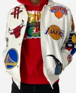 NBA College White Leather Jacket