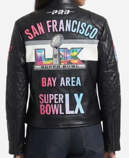 NFL Super Bowl LX 60 Black Moto Leather Jacket