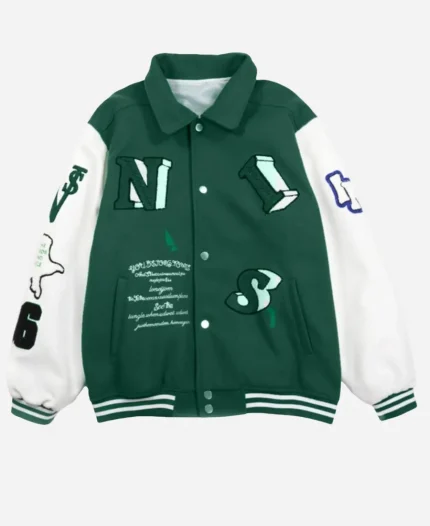 Skeleton Flocking Hip Hop Varsity Green Jacket