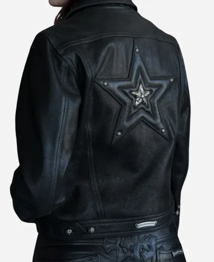 Women's Chrome Hearts Star Embellished Black Leather Trucker Jacket