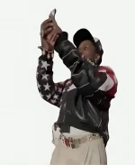 ASAP Rocky Super Bowl 2026 USA Flag Black Leather Jacket