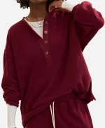 American Eagle Aerie Red Sherpa Henley Sweatshirt