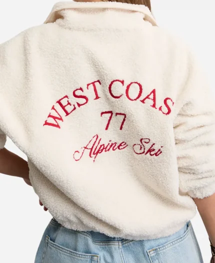 American Eagle Cream Sherpa Fleece Graphic Henley Sweatshirt 