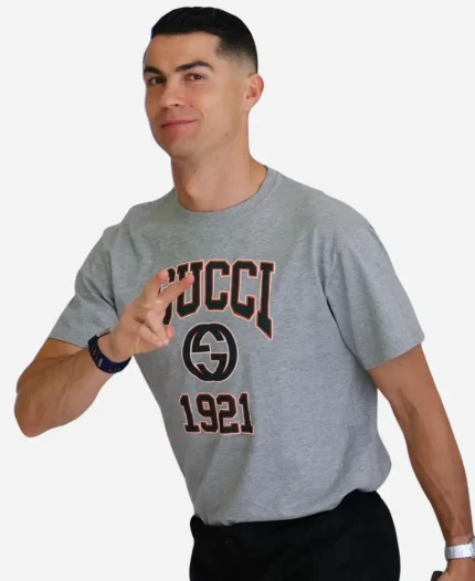 Cristiano Ronaldo 1921 Gucci Logo Print T-Shirt In Gray