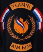 Denham TeamNL Wool Varsity Jacket In Black And Orange