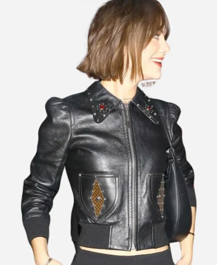 Los Angeles Chateau Marmont Event Emilia Jones Black Leather Jacket