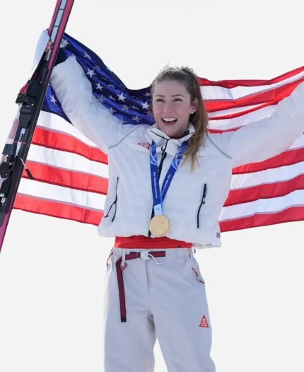 Mikaela Shiffrin Winter Olympics Champion 2026 White Puffer Jacket