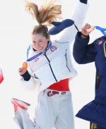  Mikaela Shiffrin Winter Olympics Champs 2026 White Puffer Jacket