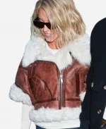 NYC 2025 Sydney Sweeney Brown Cropped Shearling Leather Jacket