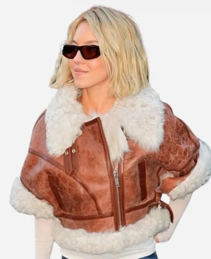 NYC 2025 Sydney Sweeney Brown Shearling Leather Jacket