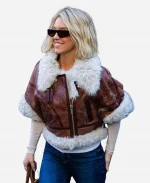 New York City 2025 Sydney Sweeney Brown Cropped Shearling Leather Jacket