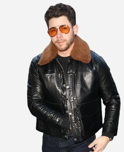 Nick Jonas 2026 NYC Black Shearling Jacket