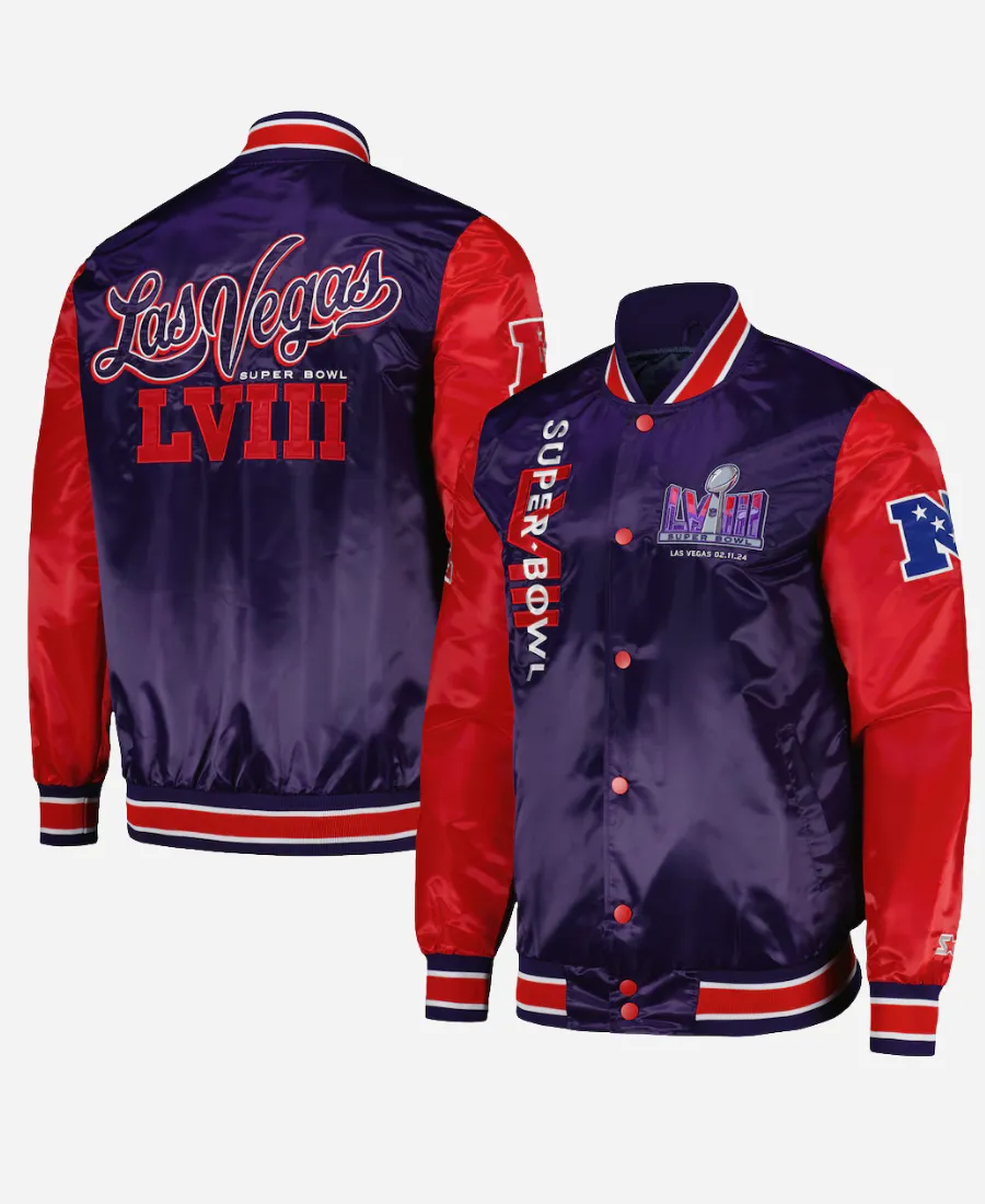 Starter Super Bowl LVIII Purple Varsity Jacket Starter Super Bowl LVIII Purple Varsity Jacket