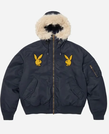 Supreme x Playboy Hooded MA 1 Jacket In Navy Blue