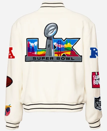 Unisex Super Bowl 2026 White Wool Varsity Jacket