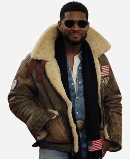 Usher Olympics 2026 Shearling Leather Jacket In Brown