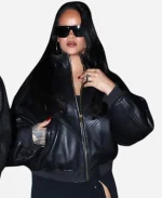 2026 Actor Awards Rihanna Date Night Black Leather Bomber Jacket