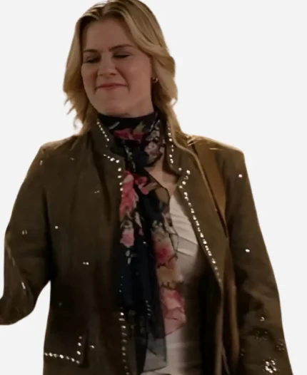 Erica Film To Barcelona Forever 2025 Alison Sweeney Brown Studded Suede Leather Blazer