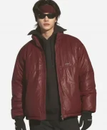 Hyunjin Stray Kids Maroon Leather Jacket
