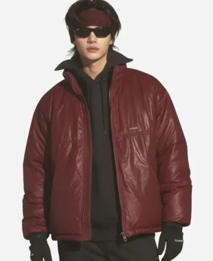 Hyunjin Stray Kids Maroon Leather Jacket